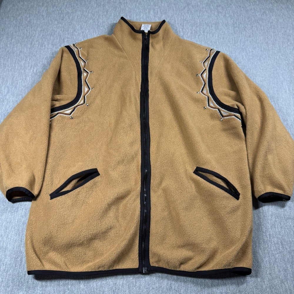 Bob Mackie Jacket Women's 1X Tan Southwest Embroidered Wearable‎ Art Zip Fleece